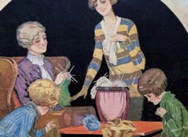 Painting of ladies knitting in a group